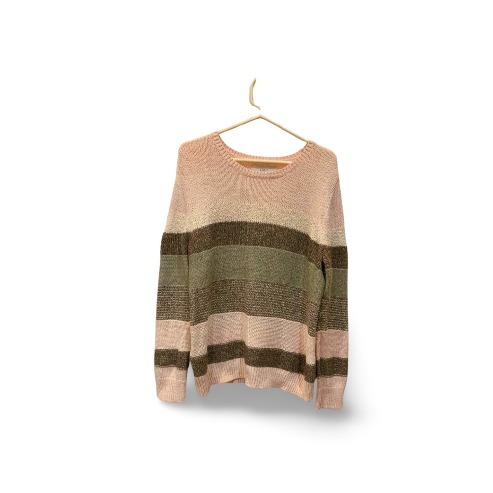 LOFT Chunky Knit Colorblock Sweater XL Pink Beige Gray Soft Blend